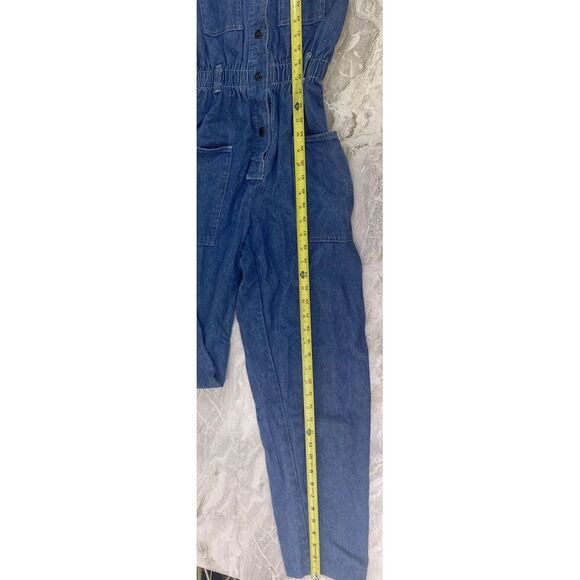 Vintage IDEAS Small Denim Jumpsuit Romper Overalls 80s 1980s Cinch High Waist - Picture 7 of 8